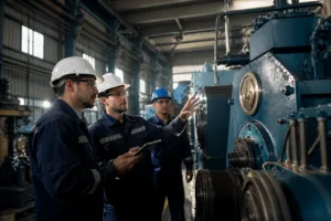 Engineers inspect machinery branded with new metal logo tags, highlighting the importance of physical assets in a rebranding project.