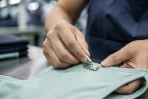 A sharp, detailed look at a stainless steel chlorine-resistant metal tag being applied to a swimwear garment, highlighting durability and industrial craftsmanship.