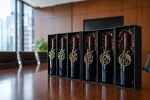 Scene depicting corporate wine gifts enhanced by custom branded metal tags, capturing the sophistication of personalized gifting in a business environment.