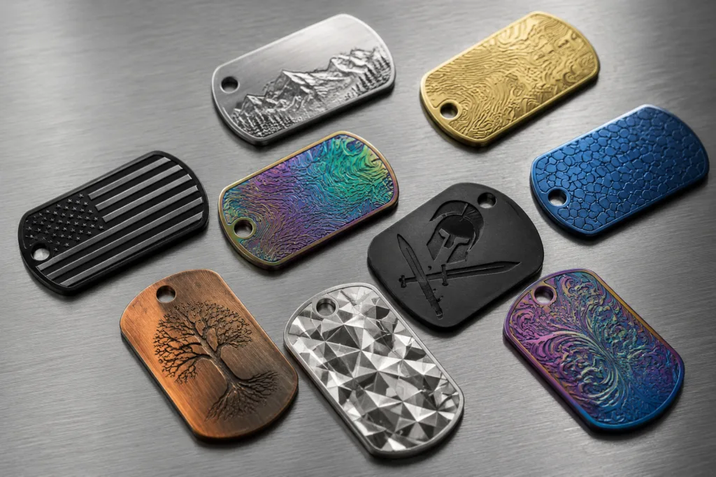 Assorted custom dog tags for humans arranged to highlight finishes like polished stainless steel, anodized aluminum, and brass. Each tag displays a different style of custom engraving and attachment, perfect for identification or jewelry use.
