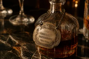 Engraved metal decanter tag adds clarity and luxury to a home bar setup.