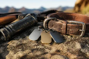 A detailed close-up image showing stainless steel, anodized aluminum, and brass dog identification tags arranged on a granite rock, surrounded by dog gear, capturing the essence of durable outdoor use.