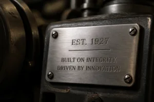 A cinematic macro image showcasing the intricate engraving of a company's founding date and motto on a stainless steel tag, affixed to machinery. The lighting enhances the surface texture and crispness of the text, symbolizing brand history.