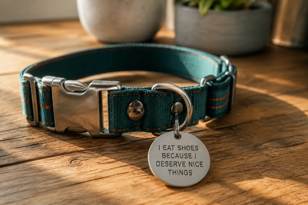 A custom metal dog tag with a humorous saying, attached to a stylish collar, showing professional engraving clarity suitable for pet safety.