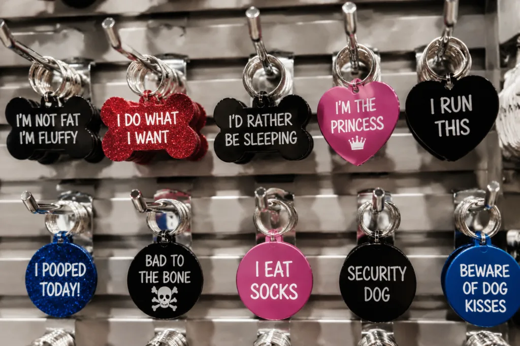 funny pet dog tags display