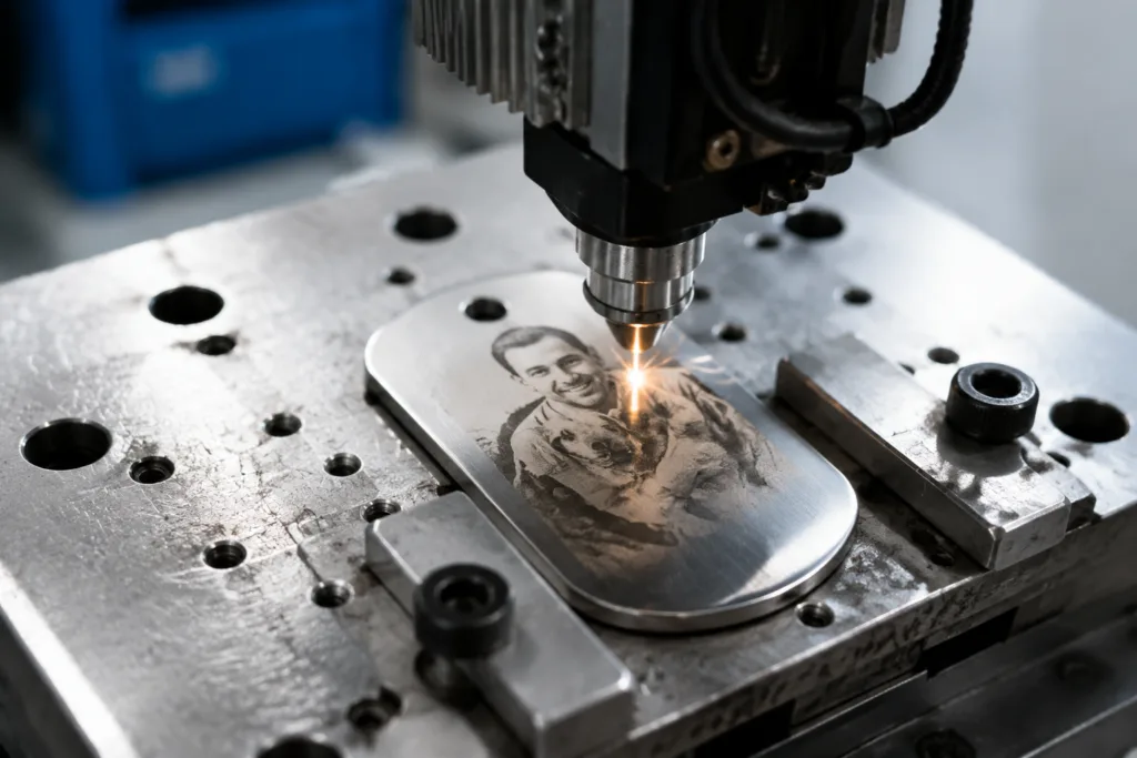 CNC laser engraving machine etching a detailed photograph onto a stainless steel photo dog tag. Industrial workshop lighting, focused view on the tag, highlighting precision.