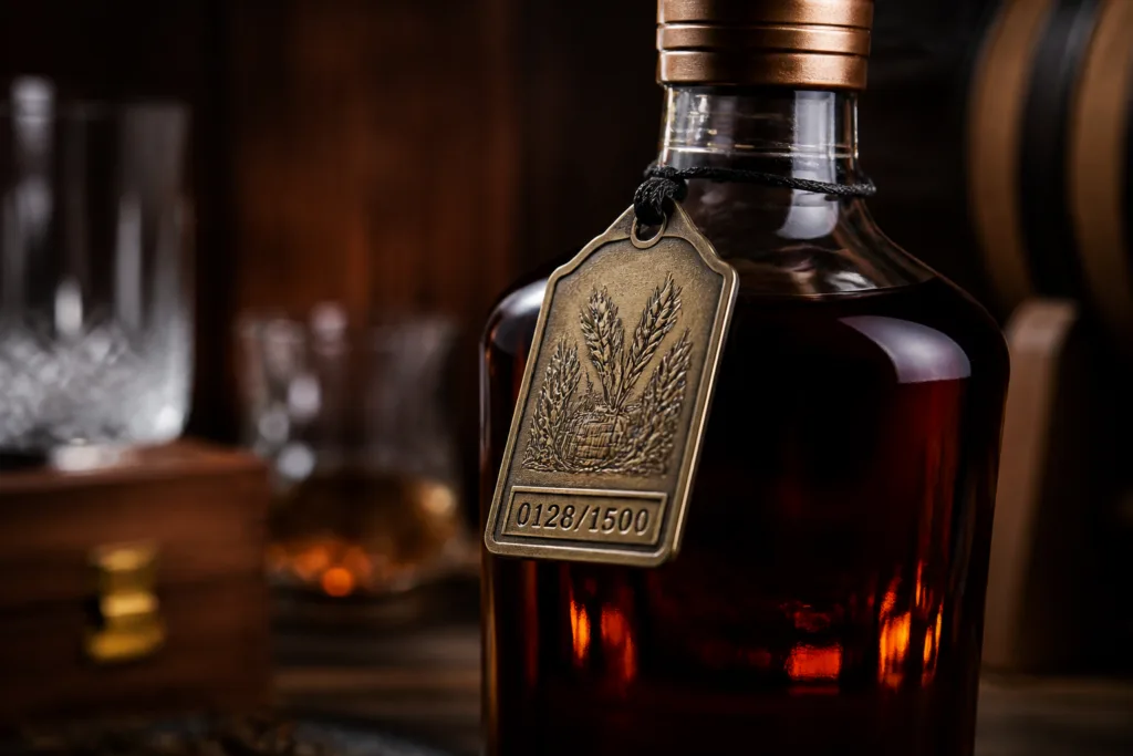 A photo-realistic image showcasing a limited edition whiskey bottle adorned with a numbered brass metal tag, highlighting collectible value.