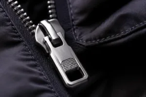 Close-up of a luxury garment's metal zipper pull featuring crisp engraved branding, highlighting how detail and material elevate product value.