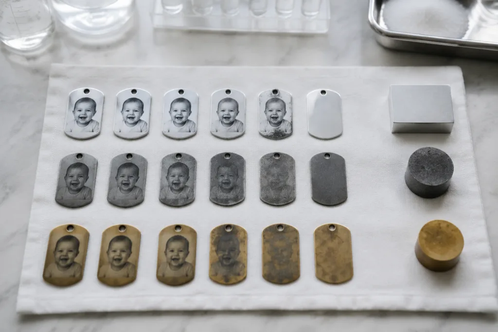 material comparison photo dog tags