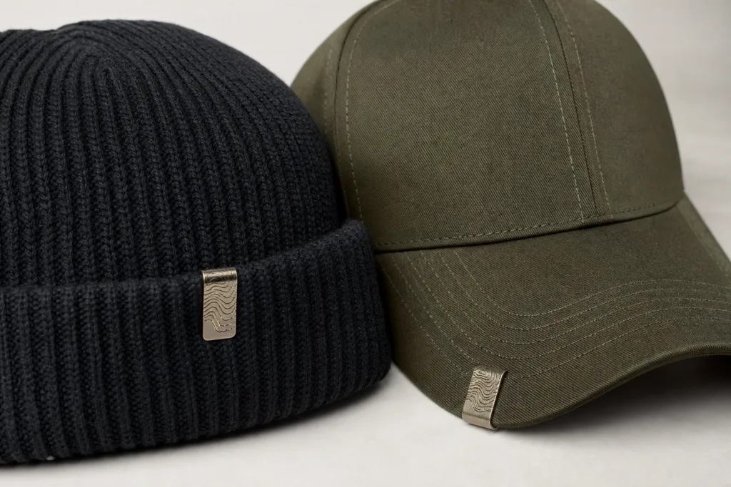Cap and Beanie Branding with Small Metal Clips 2 metal clips headwear branding placement