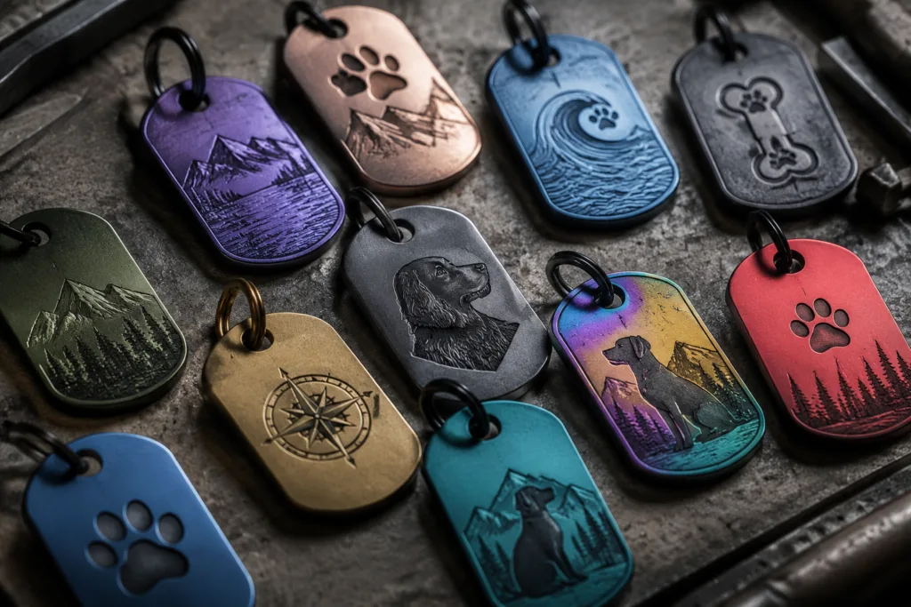 A visually striking display of personalized metal dog tags, each showcasing custom engraving, used as custom dog gifts for pet owners.