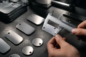 A cinematic photo showing various metal dog tags, including military-standard rectangles and custom circles, being measured with precision calipers on an industrial steel work table, representing the importance of exact dog tag dimensions for quality and function.