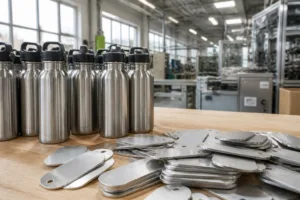 A cinematic table-height view of a factory workbench where generic consumer products are being prepared for private labeling with custom metal tags, highlighting the readiness for branding.