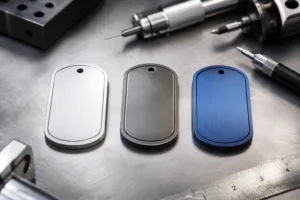 A realistic manufacturing-style image showing different metal options used for service dog tags before final marking and assembly.