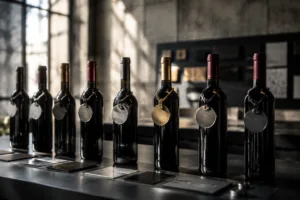 Photo shows a premium wine display with reusable metal tags and foil capsules side by side, emphasizing sustainable packaging innovation and materials.