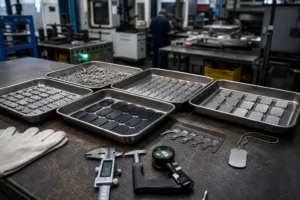 A realistic manufacturing scene showing custom dog tag samples, materials, and inspection tools used in supplier evaluation.