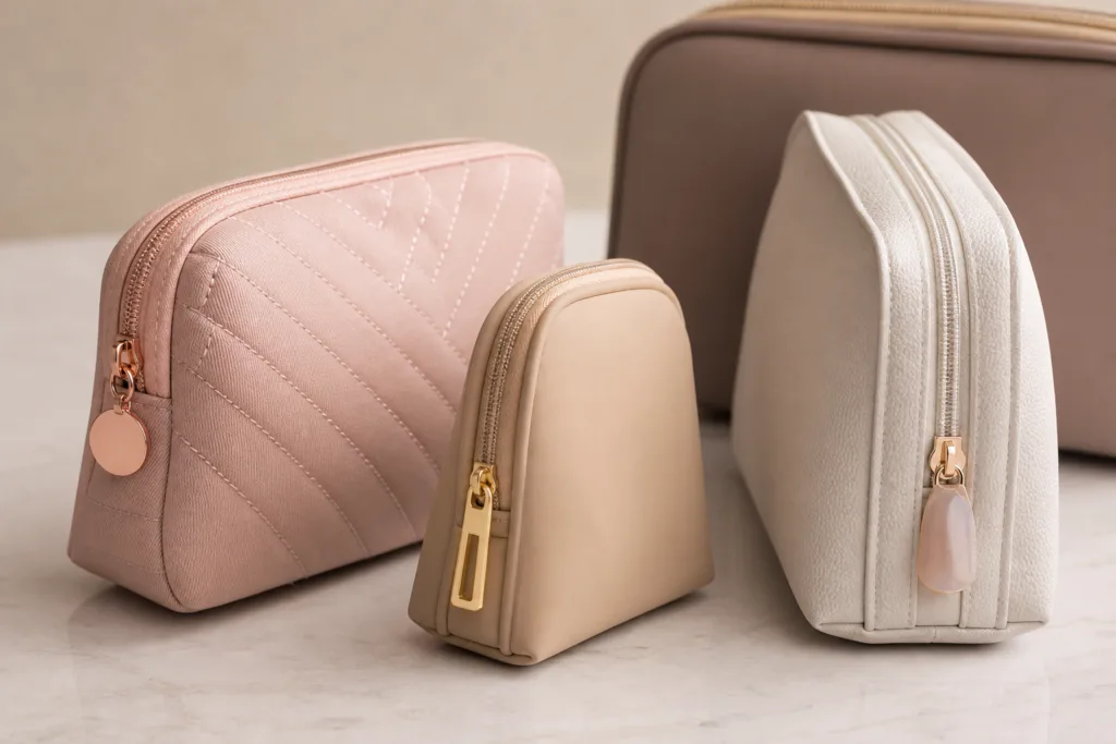 Cosmetic Bags with Branded Zipper Pulls: How Custom Pull Design Elevates Makeup Pouches, Brand Identity, and Buyer Appeal 13 A close product-focused image showing how custom zipper pulls add brand identity and tactile value to makeup pouches.