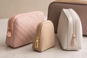 A close product-focused image showing how custom zipper pulls add brand identity and tactile value to makeup pouches.