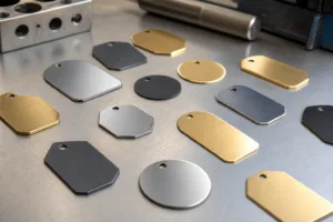 A realistic manufacturing scene showing premium metal golf bag tags in production for sponsor-driven golf events.