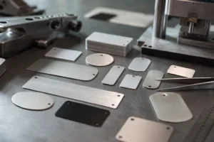 A realistic manufacturing image showing branded metal tags in aluminum and stainless steel during product planning and inspection.