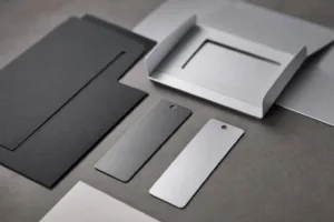 A high-end visual of flat metal tags prepared for premium direct mail campaigns, showing tactile appeal and polished presentation.