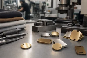 A realistic production scene showing garment metal tags in different materials prepared for apparel branding projects.