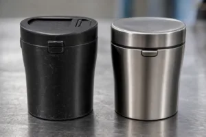A realistic side-by-side visual comparing plastic and metal promotional items with attention to wear resistance and surface finish.
