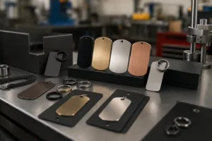 A realistic manufacturing scene showing premium metal tag options, finishes, and attachment styles prepared for event giveaway projects.