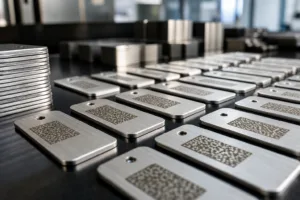 Custom metal tags with unique serial numbers being prepared for industrial authentication use.