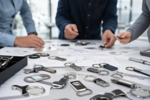 A realistic planning scene showing multiple custom keychain samples being evaluated for campaign use, material choice, and branding visibility.