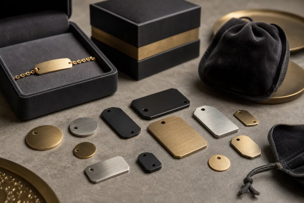 Tiny Metal Tags for Jewelry Packaging: A Practical Manufacturer Guide 25 Small decorative metal tags displayed with jewelry packaging materials to show premium branding options.