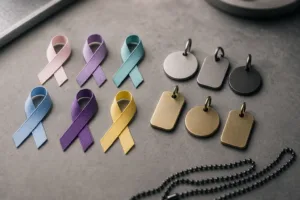A realistic comparison scene showing how ribbons and metal tags can serve different awareness campaign goals.