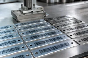 A realistic manufacturing scene showing durable barcode metal tags prepared for industrial asset identification.