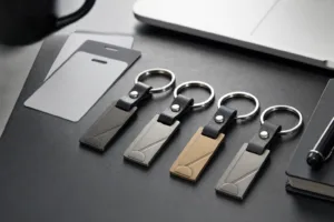A polished product-style image showing branded metal key fobs designed for coworking member access and everyday carry.