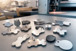 A professional manufacturing scene showing metal pet tags prepared for rescue alumni programs, highlighting material choice and clean finishing.