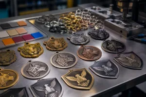 A manufacturing-focused image showing school-themed metal backpack tags in different shapes and finishes during production planning.