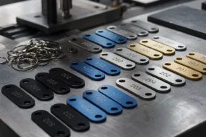 Custom metal locker key tags in production with focus on material choice, shape, and edge quality.