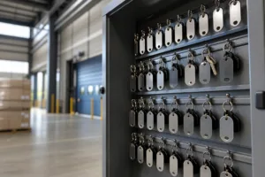 A realistic logistics key control setup with durable labeled tags in a secure cabinet.