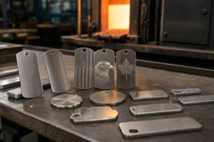 A realistic manufacturing scene showing stainless steel tag samples prepared for use in high-temperature industrial environments.