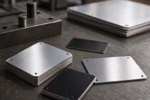 Close-up factory scene showing durable metal serial plates in production for machinery identification and compliance use.