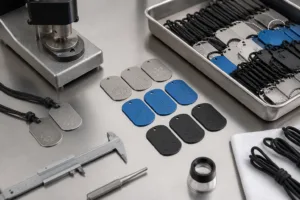 Commercial manufacturing scene showing durable metal medical alert tags prepared for disaster relief field use.