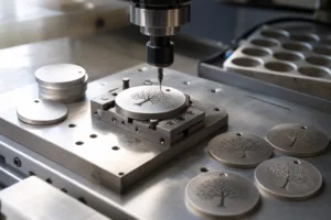 A realistic manufacturing scene showing engraved memorial tree tags prepared for outdoor dedication use.