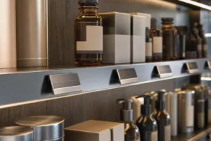 Retail shelving with professionally mounted metal pricing tags showing the premium look and consistent alignment buyers want in store fixtures.