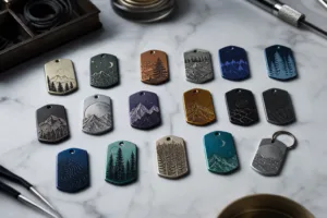 A realistic manufacturing scene showing collectible metal tags produced as a coordinated monthly series for subscription programs.