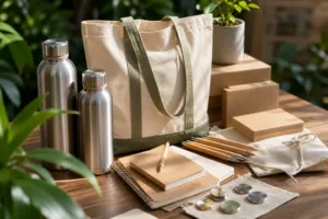 A practical selection of reusable, paper, fabric, bamboo, and metal merchandise for environmental campaigns.