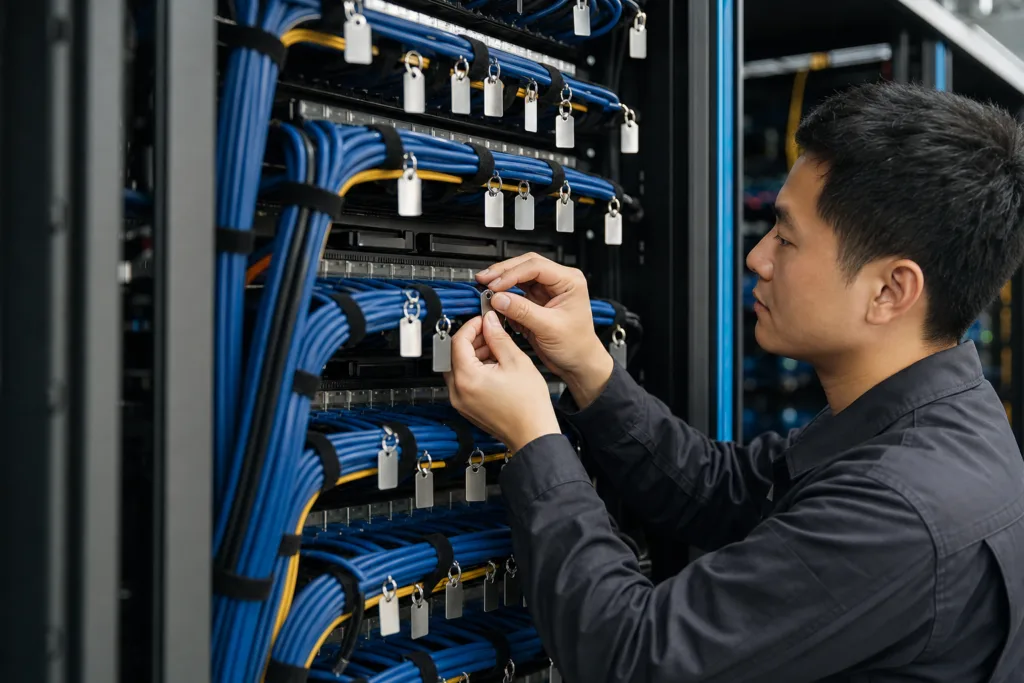 server room cable tag installation