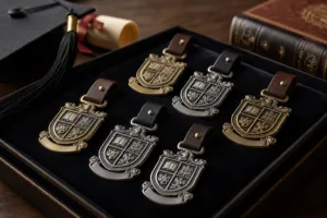 Premium university crest metal tags displayed in a ceremonial presentation style for alumni association use.